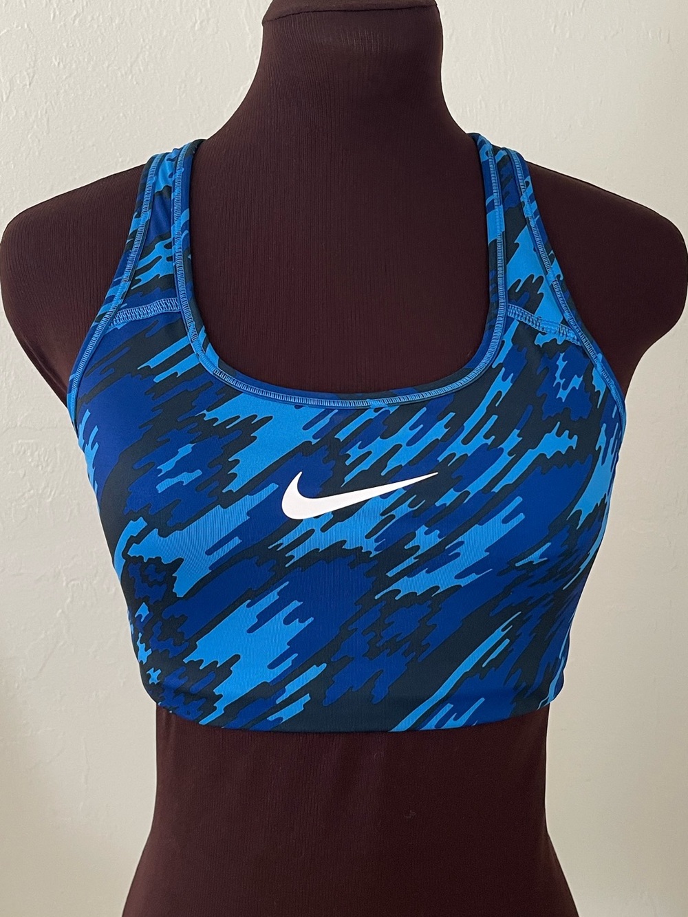 Nike Blue Camo Racerback Sports Bra with White Swoosh